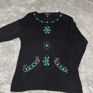 Vintage le Chois Black Cotton Sweater M Southwestern Turquoise Studded
